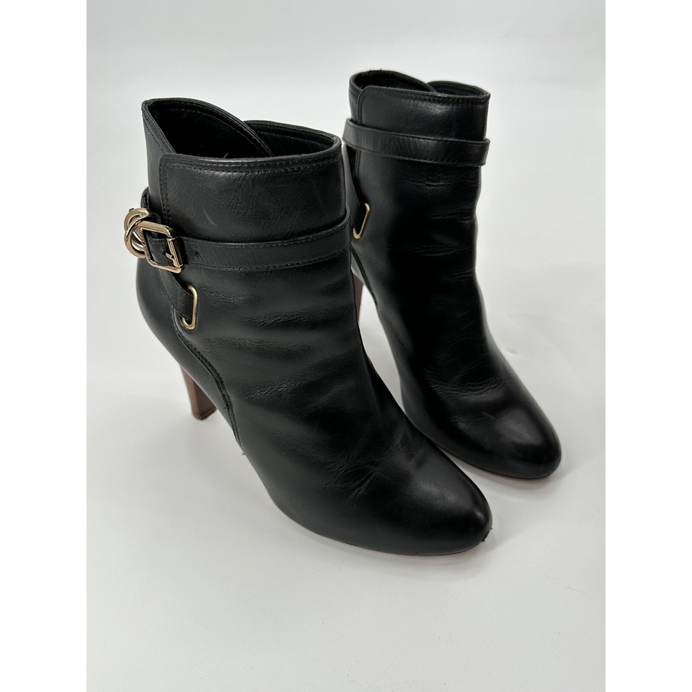 Tory Burch Amarina Ankle Boots Equestrian Belted Heeled Leather Black Sz 8.5M